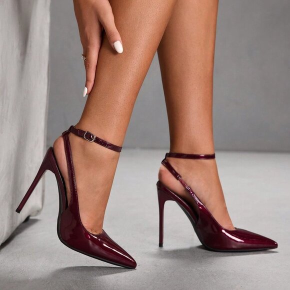 Burgundy Sexy Women's Pointed Toe Stiletto High Heel Ankle Strap Backless Pumps - Picture 3 of 10